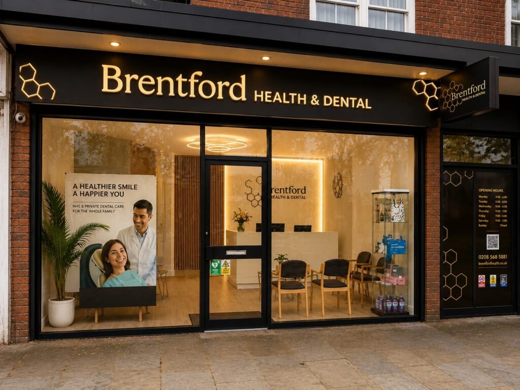 The Brentford Health & Dental team outside the gold-lit clinic on Brentford High Street
